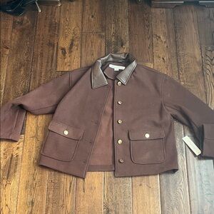 Kenneth Cole New York Brown Wool Pea Coat with Leather Collar